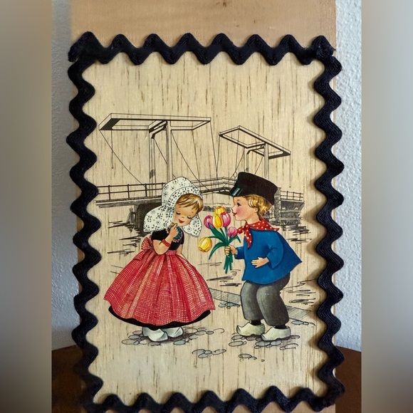 Vintage Wood Post Card 1974 From Holland And Germany Dutch Children Wall Decor - Picture 2 of 7